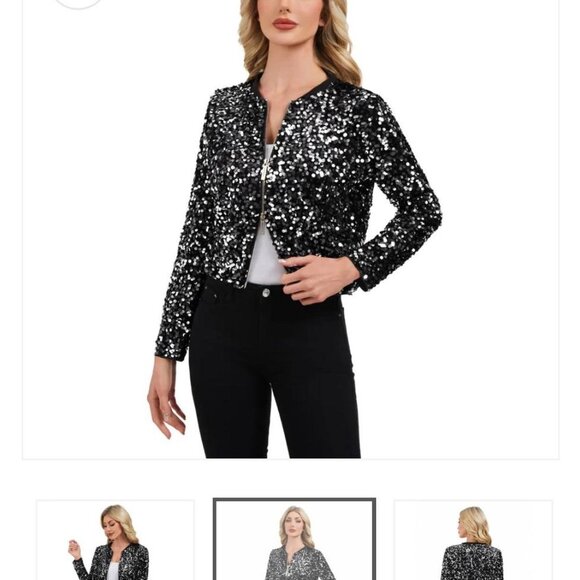 Anna Kaci Black Sequin Bomber Jacket Womens M Shimmery Eclectic Grandma Party - Picture 2 of 7